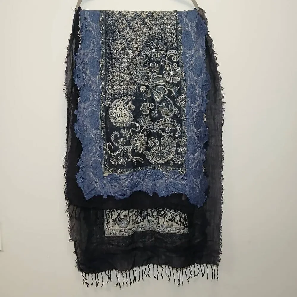 Handmade fine 100% wool womens long scarf paisley blue black fringe patchwork